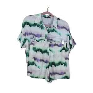 Zara 2 pc Set Cream Ivory Green Tie Dye Textured Material Shirt & Shorts Size XS